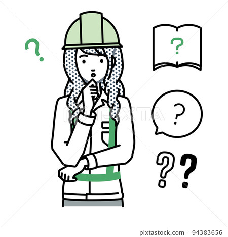 一組問號，給建築工地的一名婦女站著，雙手放在下巴上感到懷疑 94383656