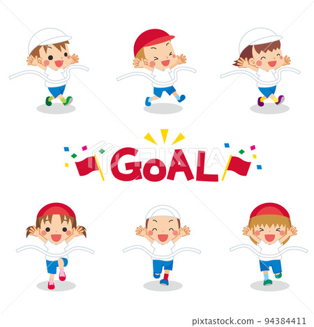 Illustration set of cute little children cutting the goal tape in a foot race white background variations 94384411