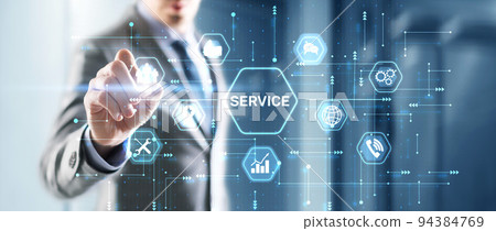 Businessman presses a button Sevice. Technical Support Customer Business Technology Internet Concept 94384769