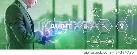 Audit. Checking the financial statements of the company. Businessman touching Audit on 3d icon on virtual screen 94384780