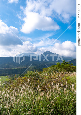 Mt. Daisen, Mt. Karasugayama and pampas grass seen from the Kimedai Observatory in Okayama Prefecture 94384823