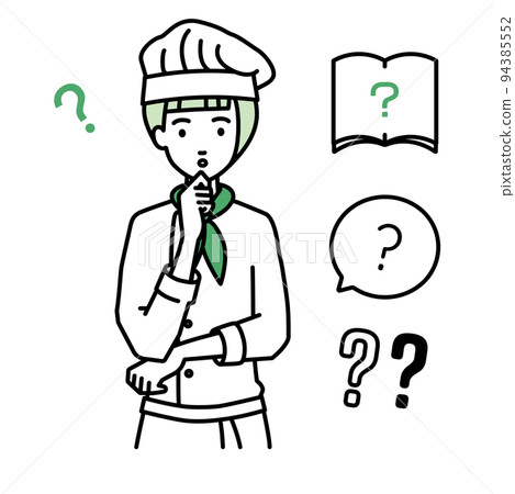 A set of question marks of a female cook who stands and feels doubts with her hands on her chin A set of question marks of a female cook who stands and feels doubts with her hands on her chin 94385552