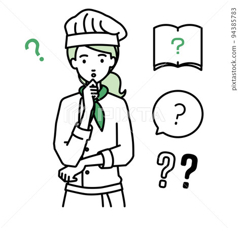 一組女廚師的問號,她站著,雙手放在下巴上感到懷疑 一組女廚師的問號,她站著,雙手放在下巴上感到懷疑 94385783