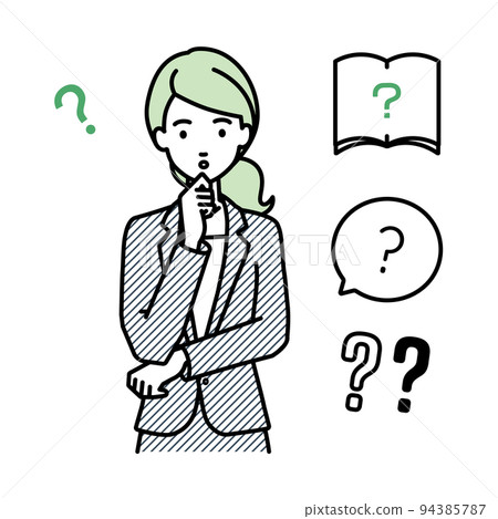 A set of question marks for a woman in a suit who stands and puts her hands on her chin and feels doubts A set of question marks for a woman in a suit who stands and puts her hands on her chin and feels doubts 94385787