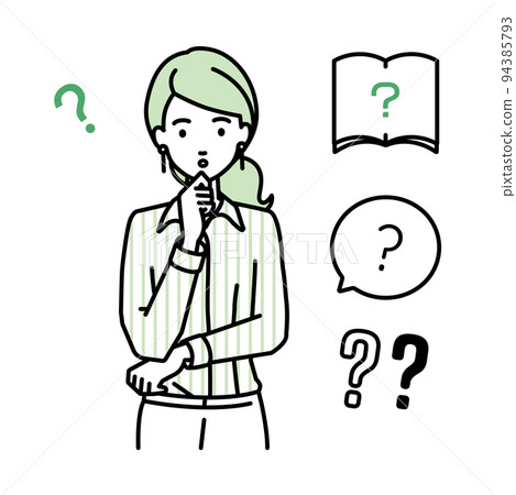 一個穿著襯衫的女人站著，雙手放在下巴上，感到懷疑 一組問號 94385793