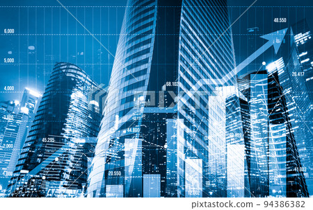 Financial graphs and modernistic cityscape as background for business concept. 94386382