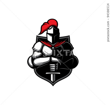 Medieval knight in metal suit with sword in hands and shield at his back isolated fifteenth century soldier. Warrior in helmet with red feathers and cape, hero in metal costume with weapon 94386514