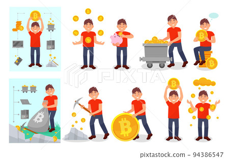 Bitcoin Mining with Man with Cryptocurrency Coin and Pickaxe Big Vector Set 94386547
