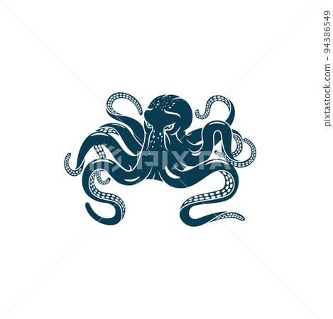 Marine animal Octopus isolated eight-limb mollusk monochrome icon. Vector underwater soft-bodied creature, nautical mascot. Fishing sport trophy , seafood octopus with tentacles and suckers 94386549