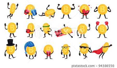 Golden Bitcoin Humanized Character Engaged in Different Activity Vector Set 94386550