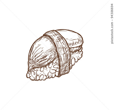 Sushi nigiri with fish, seafood, Japanese cuisine food, nigirizushi on rice in nori seaweed, vector sketch. Nigiri sushi or nigirizushi unagi eel, tako squid or tamago egg and hokkigai clam, bar menu 94386694
