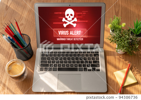 Virus warning alert on computer screen detected modish cyber threat Virus warning alert on computer screen detected modish cyber threat 94386736