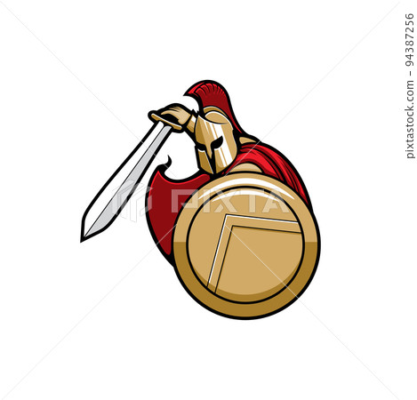 Legendary sparta soldier in red cloak, with shield and sword isolated roman or greek warrior emblem. Vector sparta gladiator in helmet with red feathers or plume, trojan fighter with weapon, swordsman 94387256