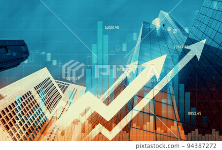 Financial graphs and modernistic cityscape as background for business concept. 94387272