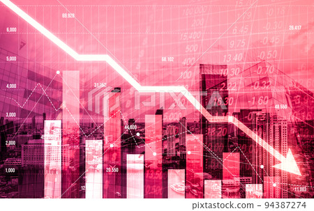 Declined economic, graph falling down overlaps modernistic city. Declined economic, graph falling down overlaps modernistic city. 94387274