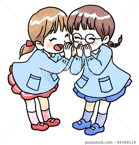 一個穿著工作服的好朋友女孩進行秘密談話的插圖 94389119