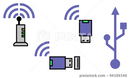 Illustration of a WIFI router that connects to the Internet wirelessly and a wireless slave device that plugs into a USB Illustration of a WIFI router that connects to the Internet wirelessly and a wireless slave device that plugs into a USB 94389348