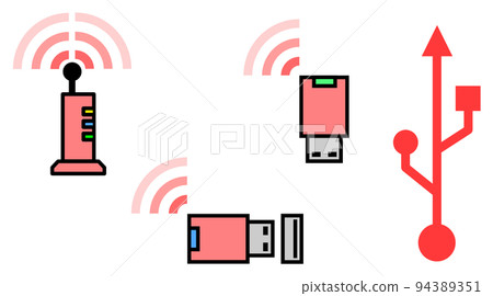 Illustration of a WIFI router that connects to the Internet wirelessly and a wireless slave device that plugs into a USB Illustration of a WIFI router that connects to the Internet wirelessly and a wireless slave device that plugs into a USB 94389351