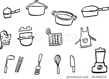 手寫的廚房用具插圖（黑白） 94390878