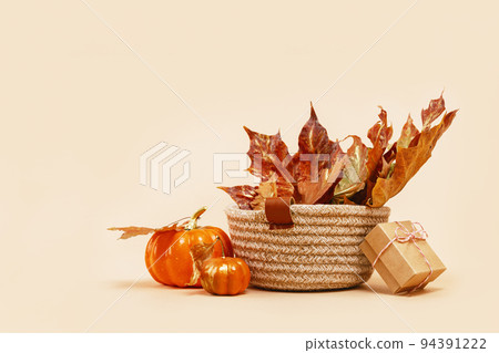 Fall Gift or Sale concept. Shopping. leaves basket, autumn decor. Fall Gift or Sale concept. Shopping. leaves basket, autumn decor. 94391222