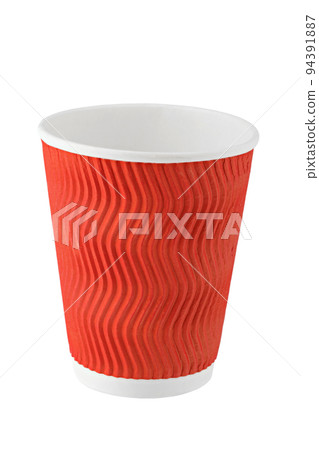 Empty red disposable paper cup for drinks isolated on white background.  94391887