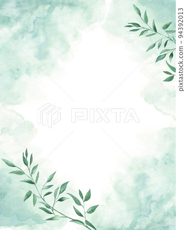 Floral background card. Rustic wedding invitation template with pistachio foliage and green watercolor splashes. For save the date, greeting, poster, and cover design. 94392013