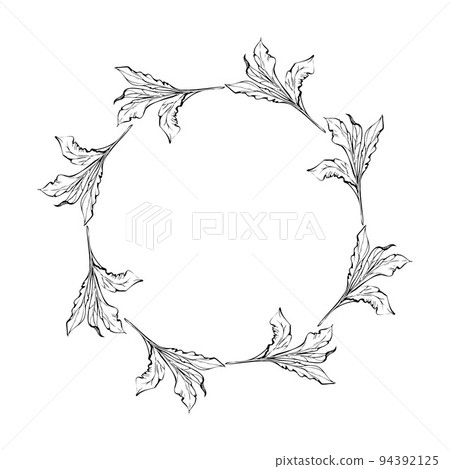 Hand drawn vector circle frame wreath arrangement with peony flowers, buds and leaves. Isolated on white background. Design for invitations, wedding or greeting cards, wallpaper, print, textile 94392125