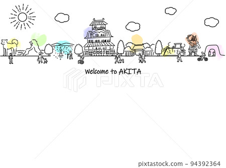 秋田縣旅遊景點街道和人的簡單線條畫插圖 94392364