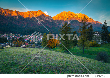 Busteni resort and Bucegi mountains view from the hill, Romania Busteni resort and Bucegi mountains view from the hill, Romania 94392529