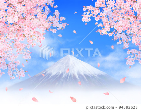 美麗而華麗的櫻花和花瓣舞動的天空-富士山在遠處閃耀的框架背景材料插圖 94392623