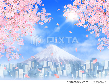 盛開的美麗櫻花和落下的花瓣和富士山在陽光普照的藍天中的懷舊城市景觀的背景材料插圖 盛開的美麗櫻花和落下的花瓣和富士山在陽光普照的藍天中的懷舊城市景觀的背景材料插圖 94392624
