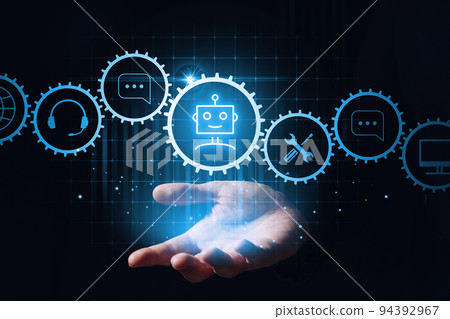 Chat bot concept. Electronic assistant in online services. Hologram over hand 94392967