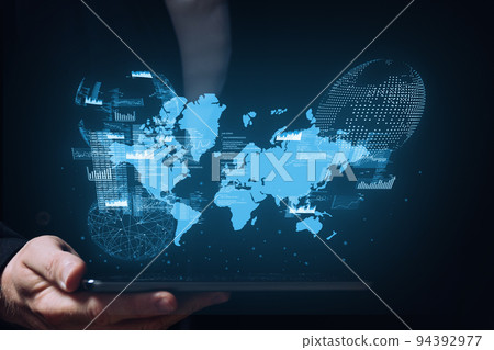 Global network of connections. Business and marketing. Person holding a smartphone with a world map hologram. 94392977