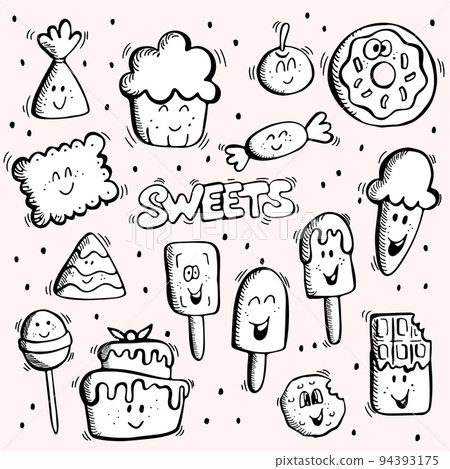 Set of various sweets doodles illustrations. Vector hand drawn simple sweets and candies sketches with cute smily faces. Set of various sweets doodles illustrations. Vector hand drawn simple sweets and candies sketches with cute smily faces. 94393175