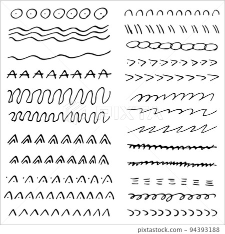 Collection of scribble design element of sketch underlines and signes. and textured strokes. Handdrawn decorative underline borders vector strokes. Doodles. 94393188