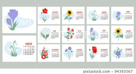 Floral calendar 2023. Flowers snowdrops, lily of the valley, poppy, sunflower, irises, crocuses and mallows. Horizontal template 12 pages and cover in English. Vector illustration. Week from Sunday Floral calendar 2023. Flowers snowdrops, lily of the valley, poppy, sunflower, irises, crocuses and mallows. Horizontal template 12 pages and cover in English. Vector illustration. Week from Sunday 94393567