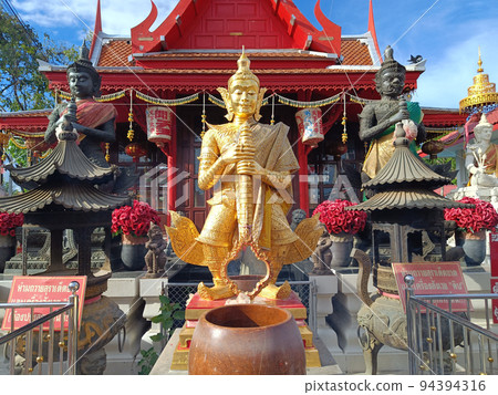 Front view Thao Wessuwan at Chulamanee Temple on church and sky background.Samut Songkhram province. Front view Thao Wessuwan at Chulamanee Temple on church and sky background.Samut Songkhram province. 94394316
