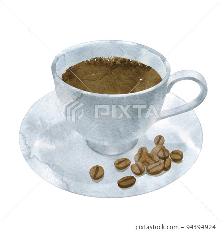 咖啡杯和咖啡豆的手繪水彩插圖 94394924