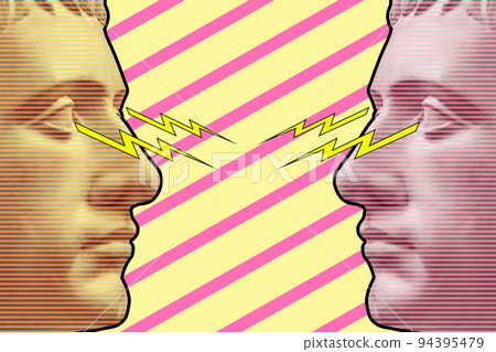 Modern creative colored graphic sculpture with multi background . Digital texture with antique statue head in zine style. Contemporary art poster. Funky unusual design. Fashion aesthetic culture. 94395479
