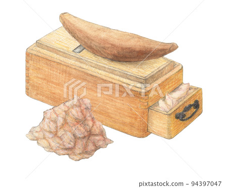 Illustration of dried bonito drawn with watercolor pencil Background transparent 94397047