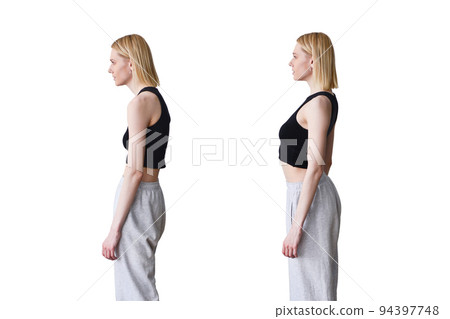 Woman with slouch and straight posture 94397748