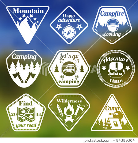 Outdoors tourism camping flat emblems set 94399304