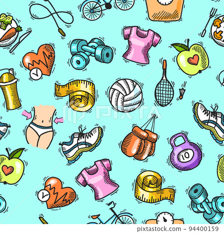 Fitness sketch colored seamless pattern 94400159