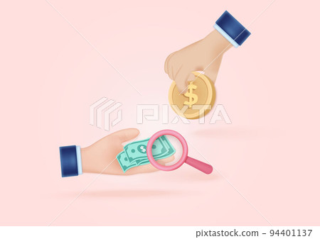 3D cartoon hand passes coin exchange via banknote.magnifying business and financial planning ideas.Minimal icon. 94401137