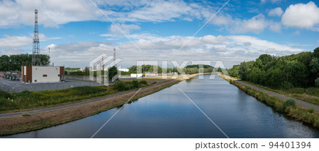 Seneffe, Wallon Region, Belgium, Old industrial plants and chimney at the banks of the sea canal 94401394