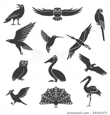 Stylized Birds Silhouettes Black Icons Set 94402473