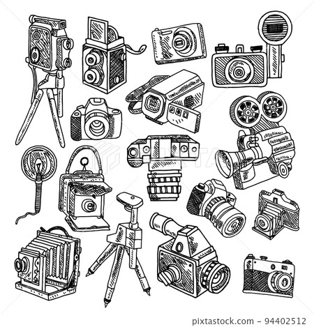 Camera doodle sketch icons set 94402512