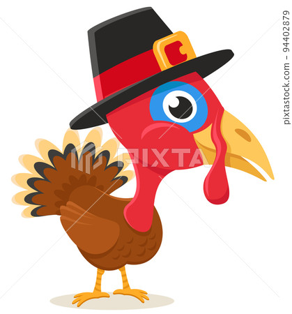 Turkey in a hat looks close up on a white background. Thanksgiving Day 94402879