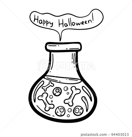 Vector hand drawn illustration. Eyeballs and bones in a flask with poison. Halloween decoration. Jar with venom. Glass bottle 94403013