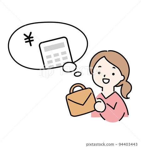 Illustration of a woman thinking about how much it will cost to buy 94403443
